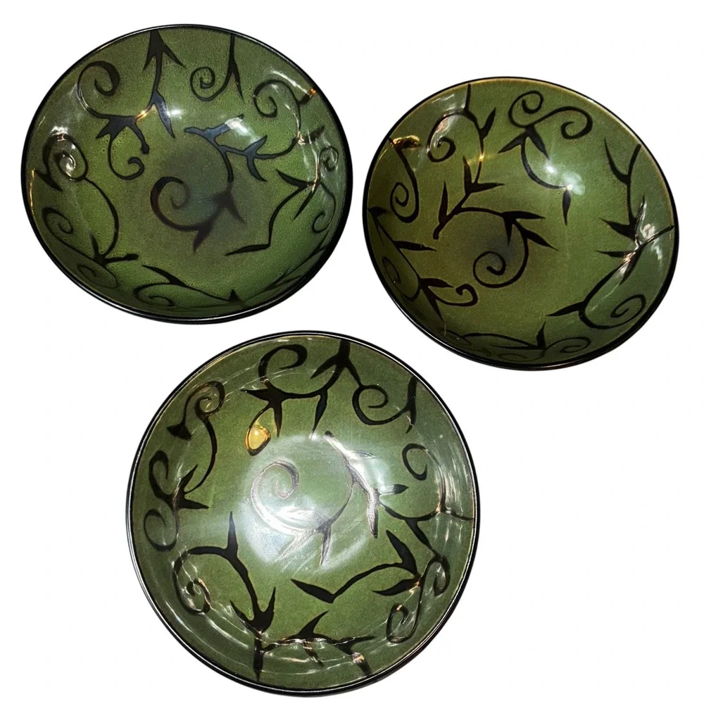 Oneida‎ Reactive Glaze Ceramic Bowls Green Black Vine Pattern Set of 3